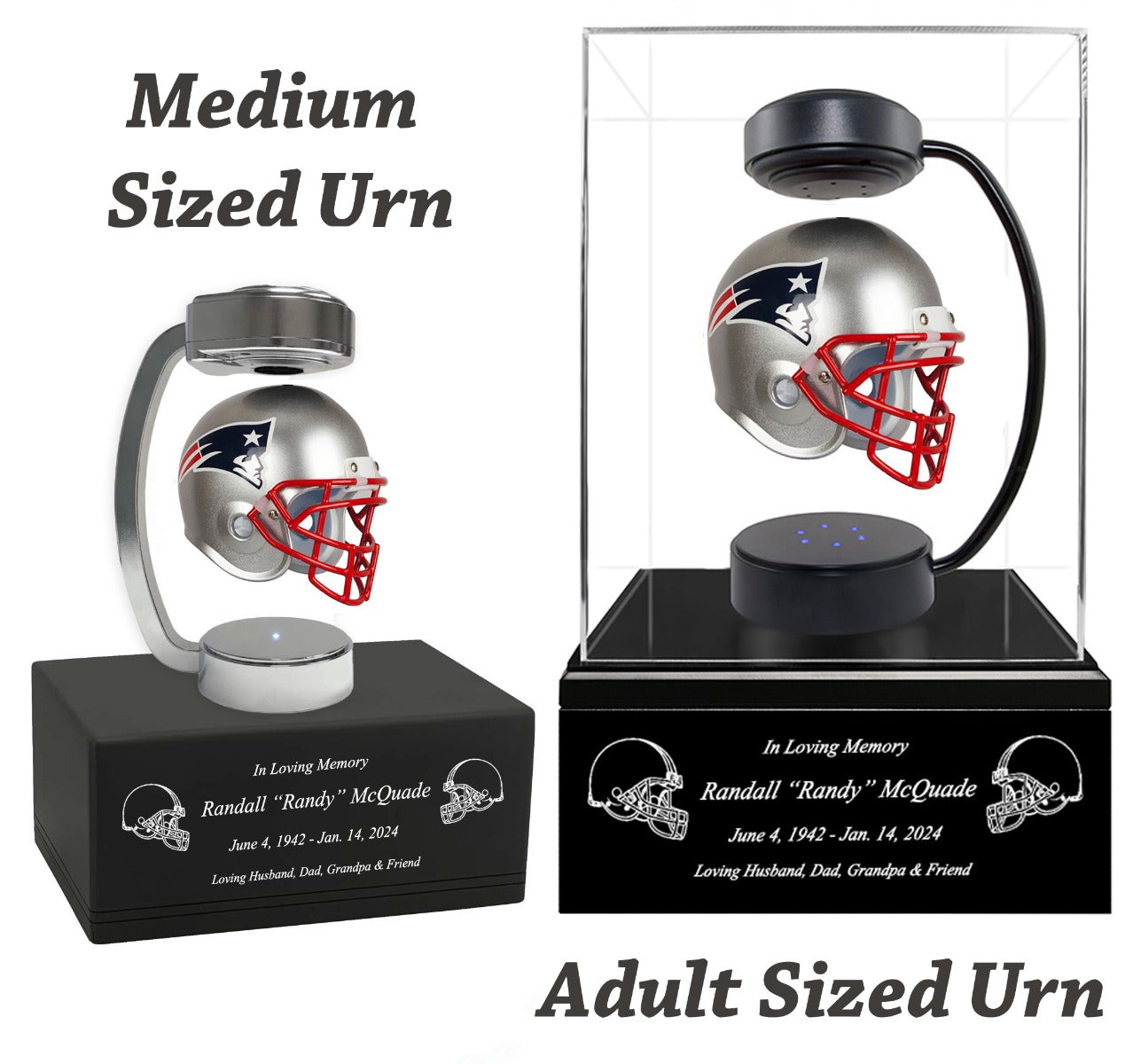 Football Adult or Medium Cremation Urn & New England Patriots Hover Helmet Décor - Free Engraving