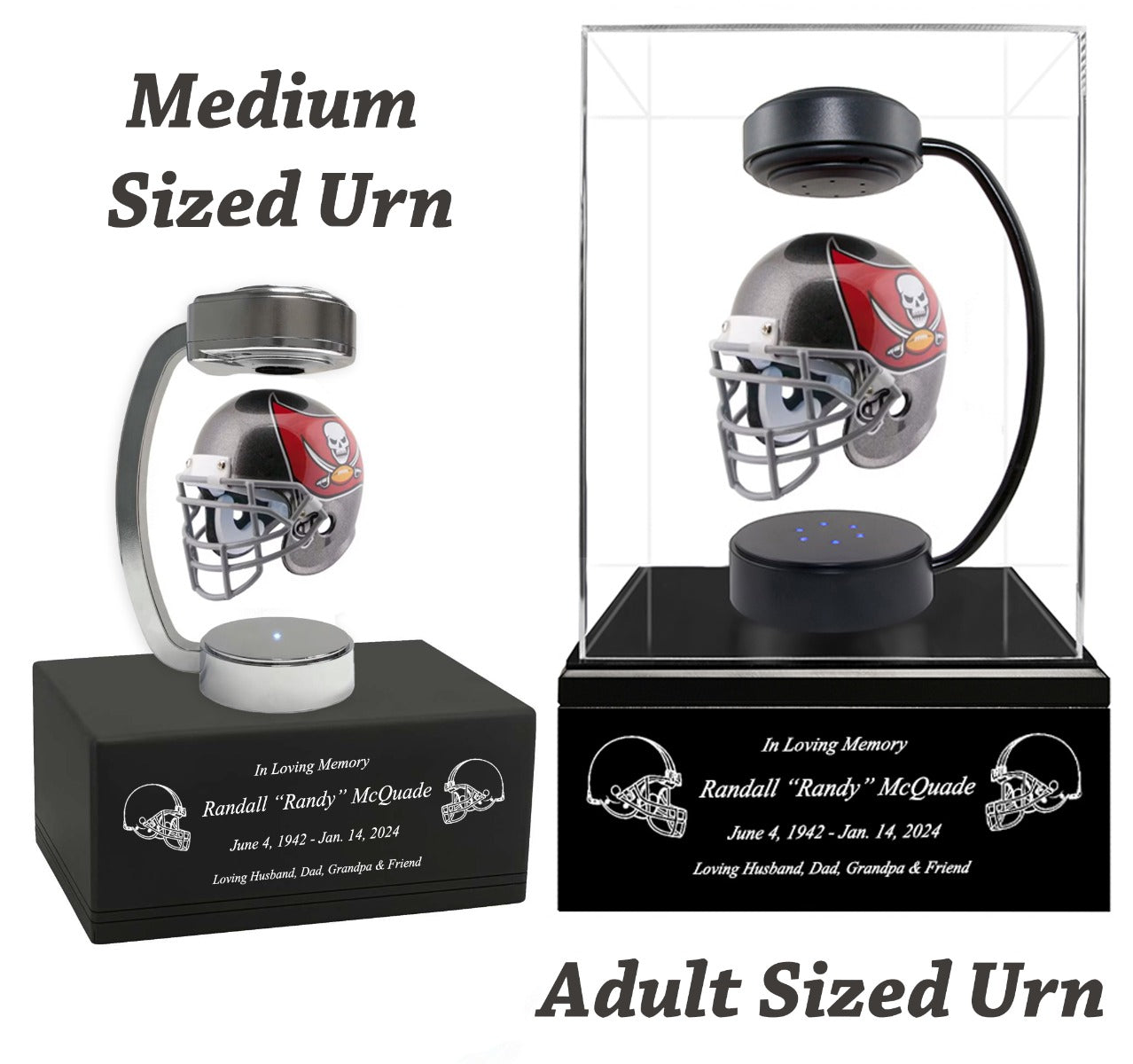 Football Adult or Medium Cremation Urn & Tampa Bay Buccaneers Hover Helmet Décor - Free Engraving