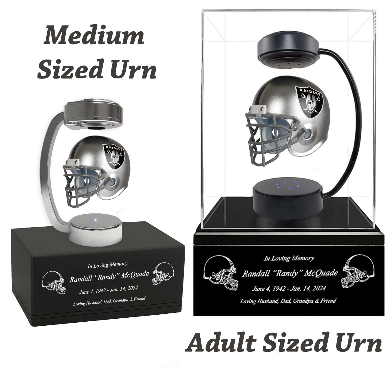 Football Adult or Medium Cremation Urn & Las Vegas Raiders Hover Helmet Décor - Free Engraving