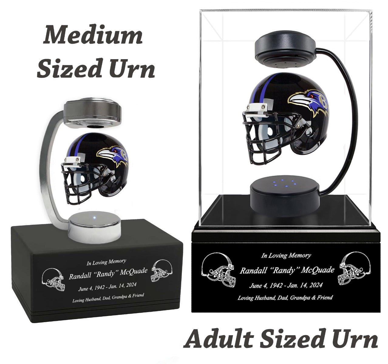 Football Adult or Medium Cremation Urn & Baltimore Ravens Hover Helmet Décor - Free Engraving