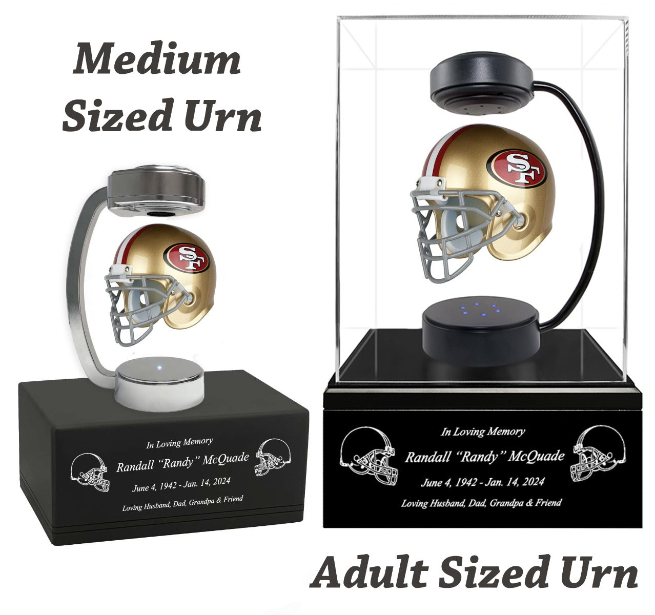 Football Adult or Medium Cremation Urn & San Francisco 49ers Hover Helmet Décor - Free Engraving