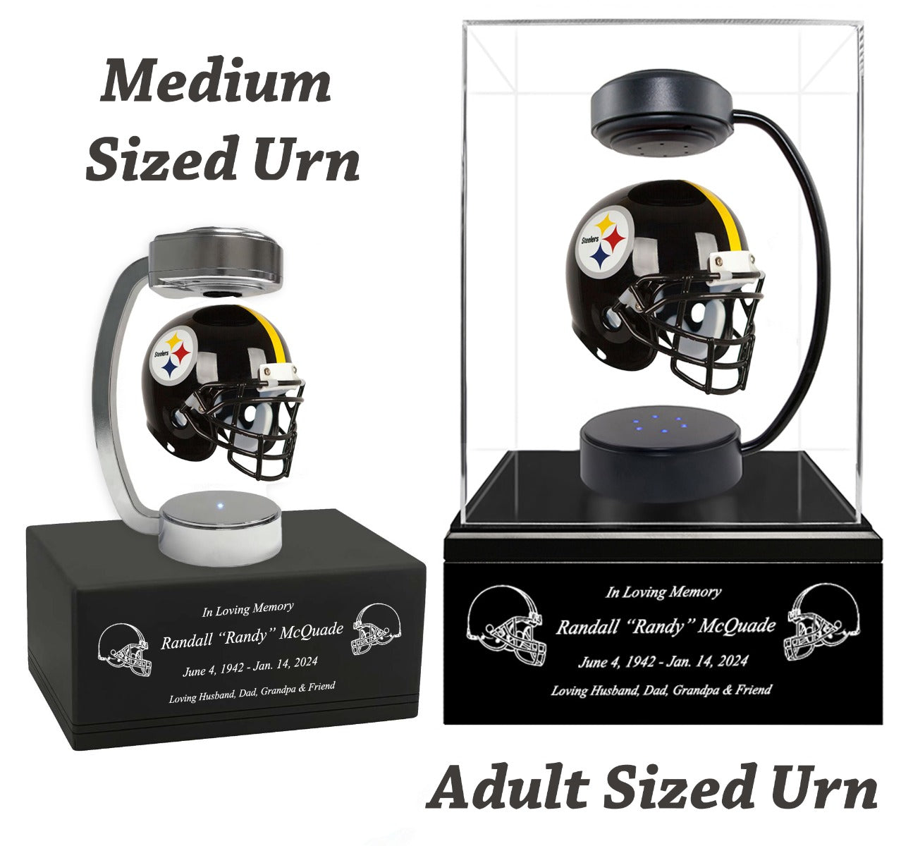 Football Adult or Medium Cremation Urn & Pittsburgh Steelers Hover Helmet Décor - Free Engraving