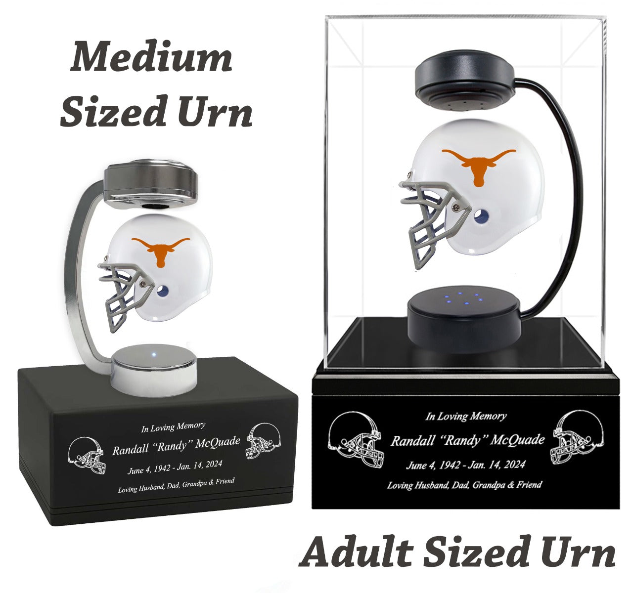 Football Adult or Medium Cremation Urn & University of Texas Long Horns Hover Helmet Décor - Free Engraving