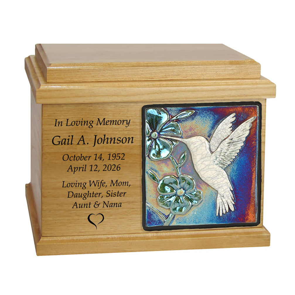 Oak Wood Raku Tile Adult Cremation Urns - Free Engraving