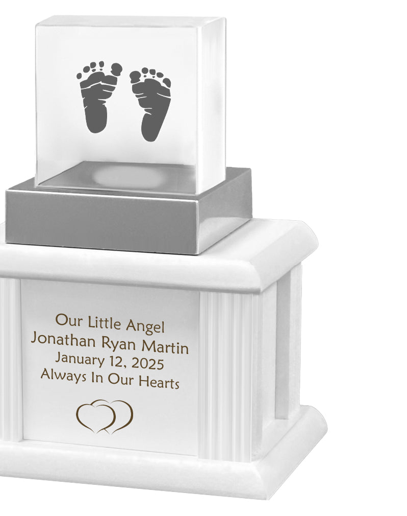 New Born Memorial Cube 3D Crystal White Wood Urn Set