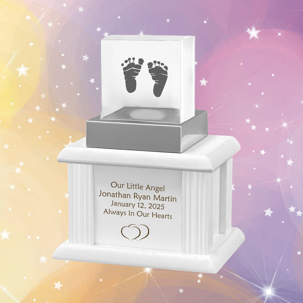 New Born Memorial Cube 3D Crystal White Wood Urn Set