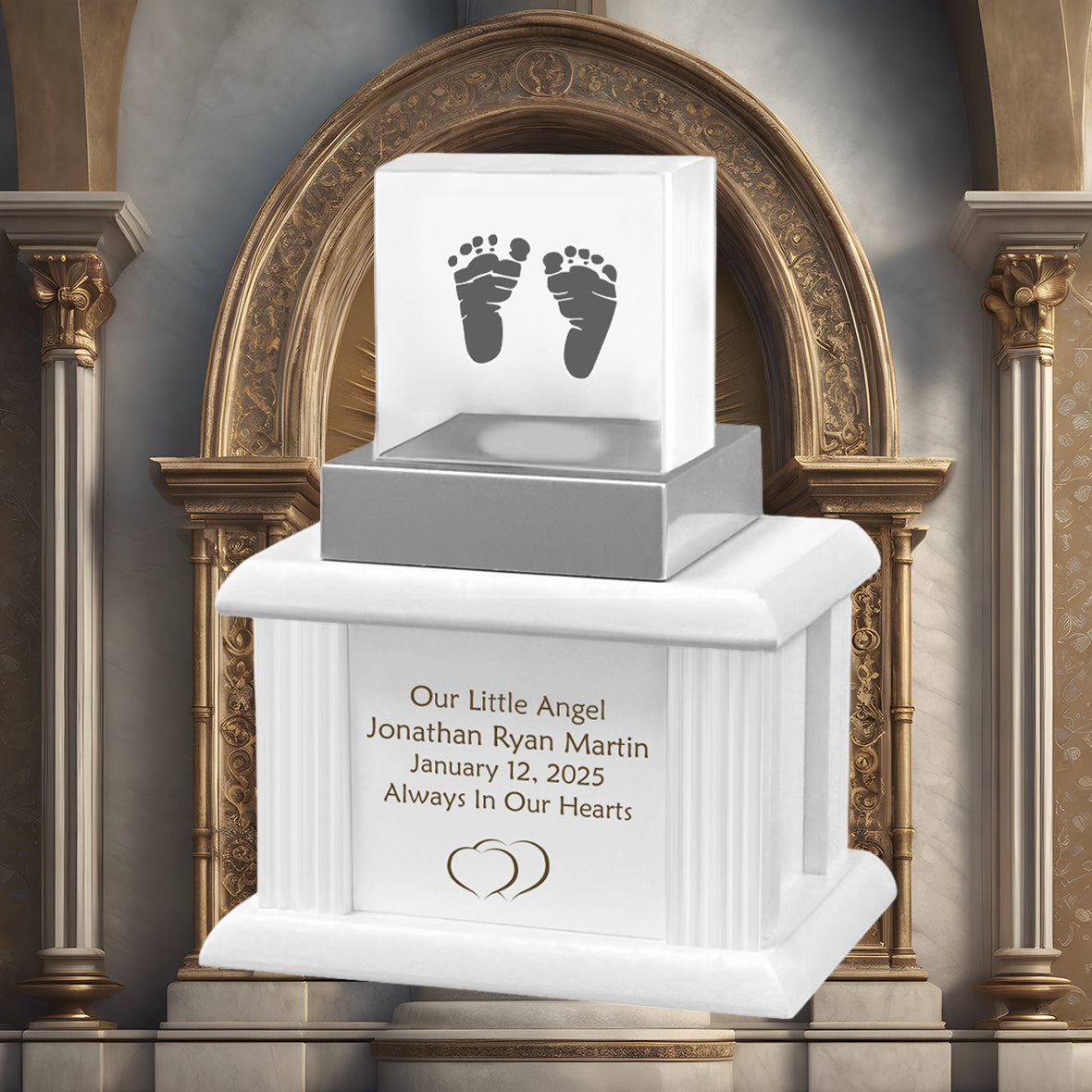 New Born Memorial Cube 3D Crystal White Wood Urn Set