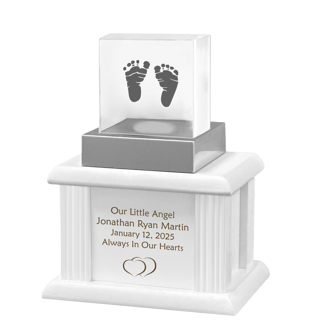 New Born Memorial Cube 3D Crystal White Wood Urn Set