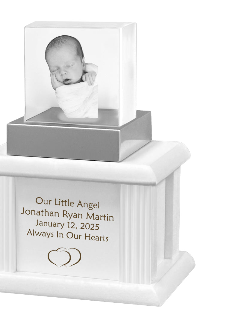 New Born Memorial Cube 3D Crystal White Wood Urn Set