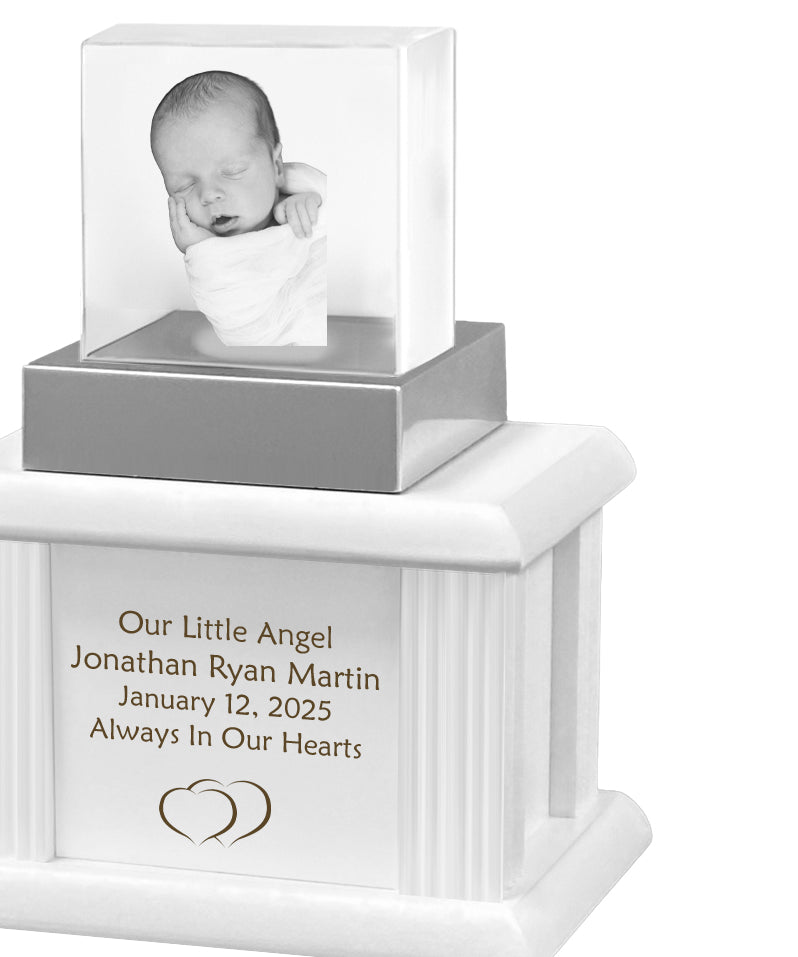 New Born Memorial Cube 3D Crystal White Wood Urn Set