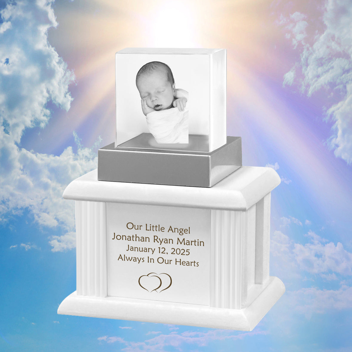 New Born Memorial Cube 3D Crystal White Wood Urn Set