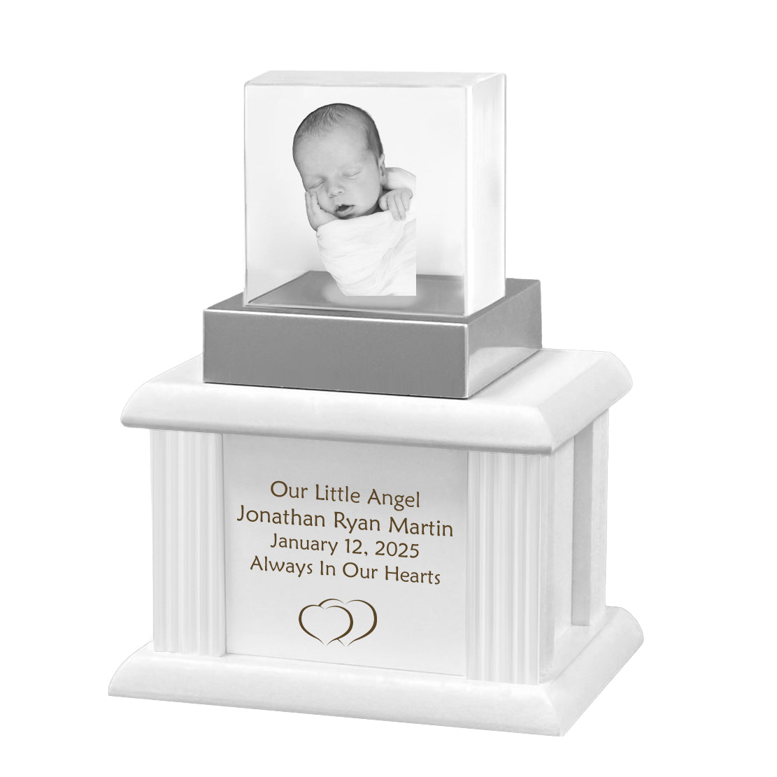 New Born Memorial Cube 3D Crystal White Wood Urn Set