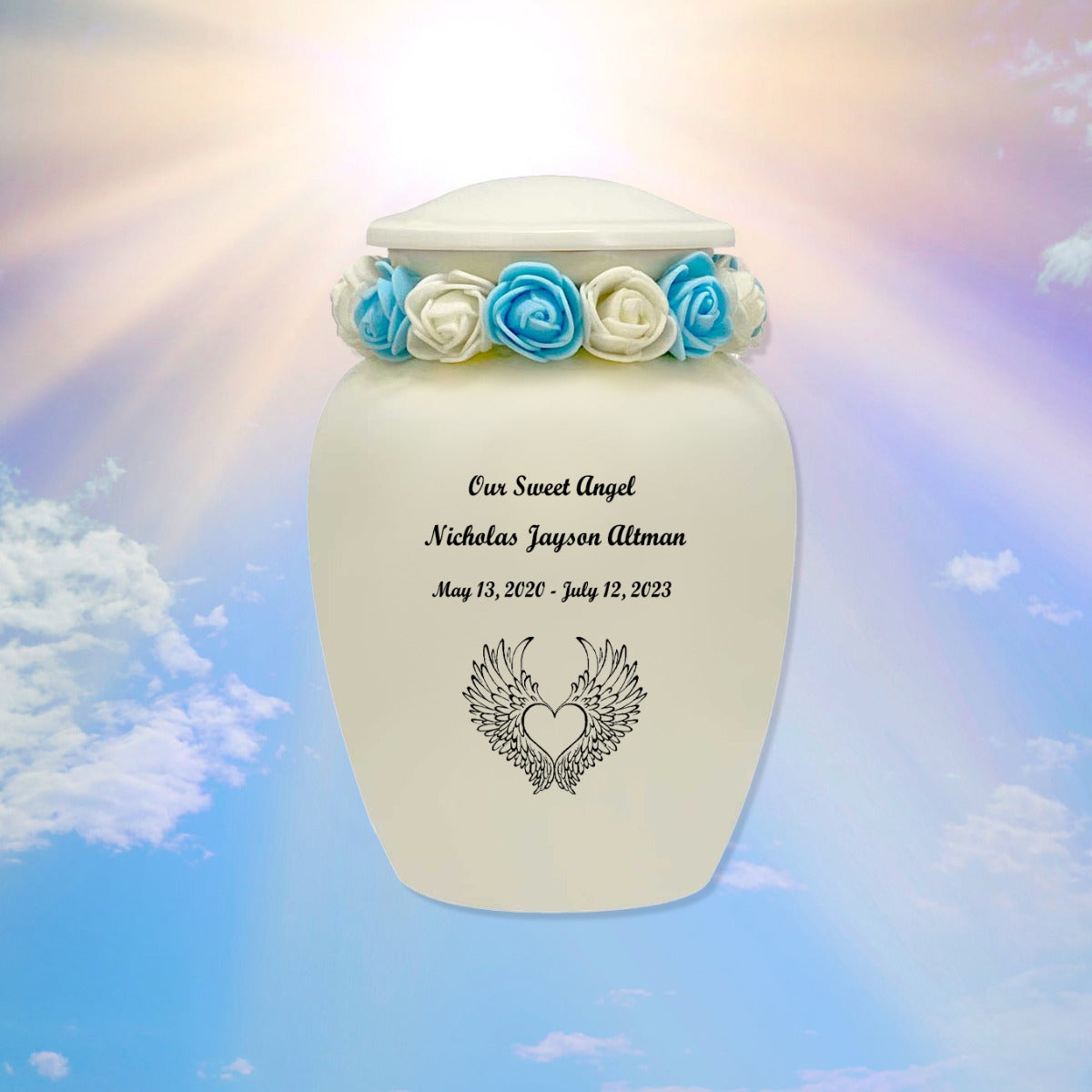 Ivory Child Wings Urn & Blue Tribute Wreath™ - Pro Sand Carved Engraving