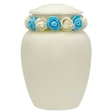 Ivory Child Wings Urn & Blue Tribute Wreath™ - Pro Sand Carved Engraving
