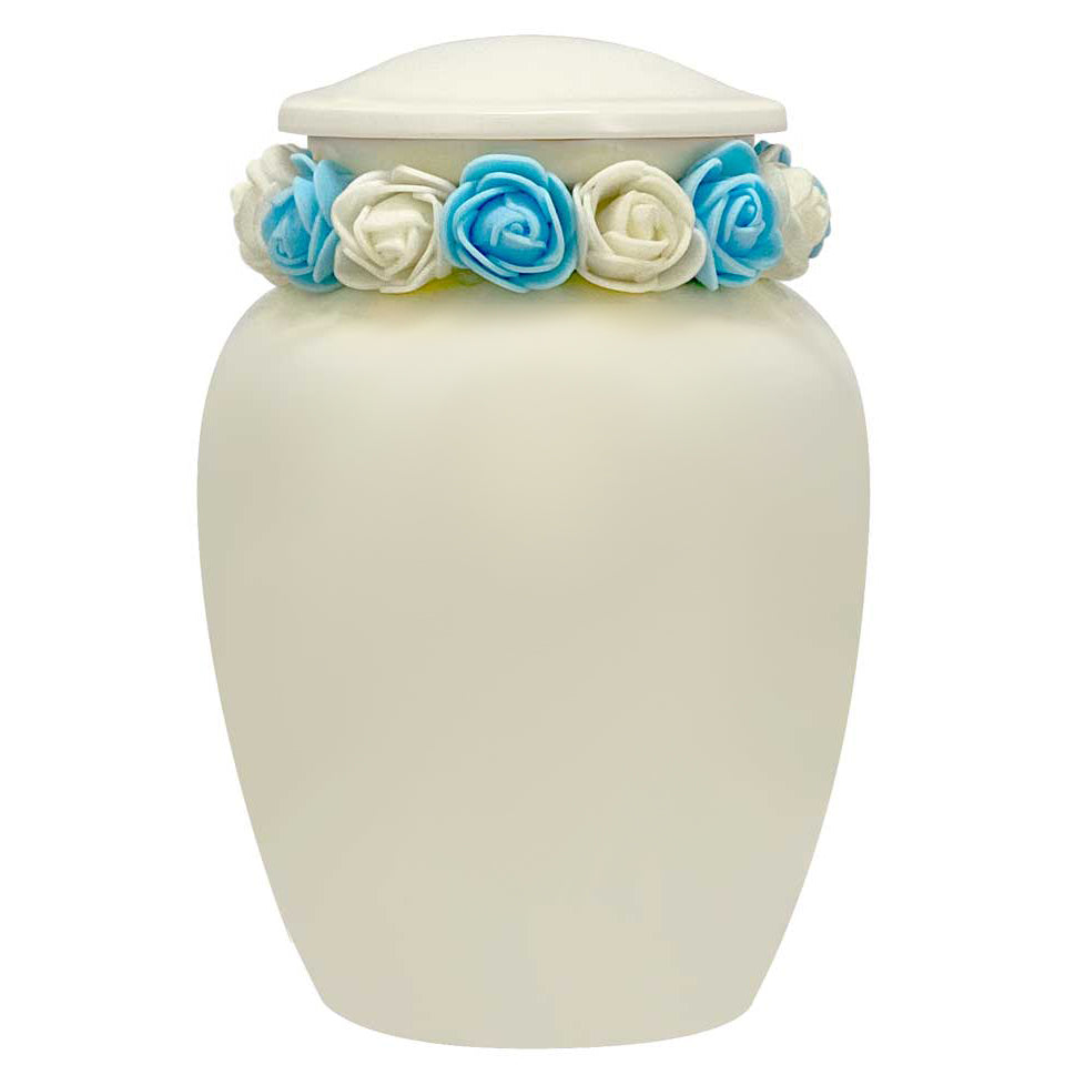 Ivory Child Wings Urn & Blue Tribute Wreath™ - Pro Sand Carved Engraving