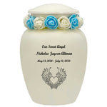 Ivory Child Wings Urn & Blue Tribute Wreath™ - Pro Sand Carved Engraving