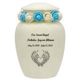 Ivory Child Wings Urn & Blue Tribute Wreath™ - Pro Sand Carved Engraving