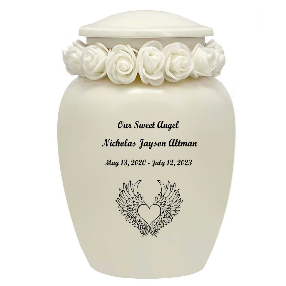 Ivory Child Wings Urn & White Tribute Wreath™ - Pro Sand Carved Engraving