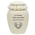 Ivory Child Wings Urn & White Tribute Wreath™ - Pro Sand Carved Engraving