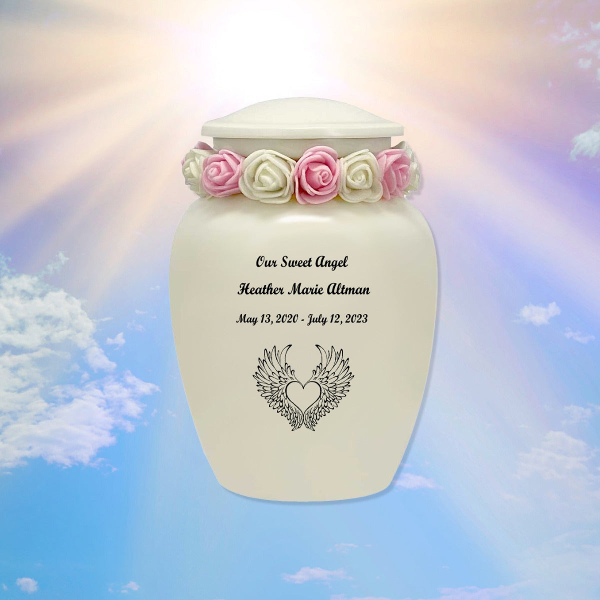 Ivory Child Wings Urn & Pink Tribute Wreath™ - Pro Sand Carved Engraving