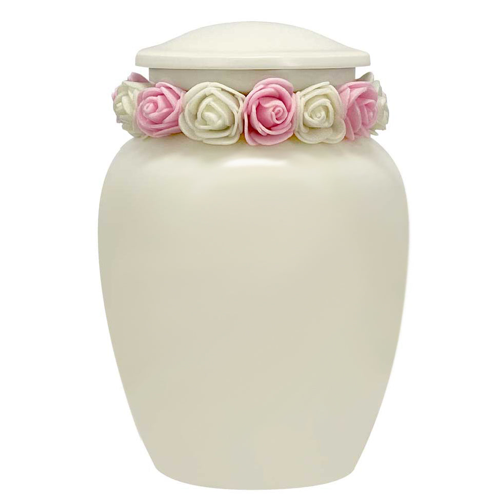 Ivory Child Wings Urn & Pink Tribute Wreath™ - Pro Sand Carved Engraving