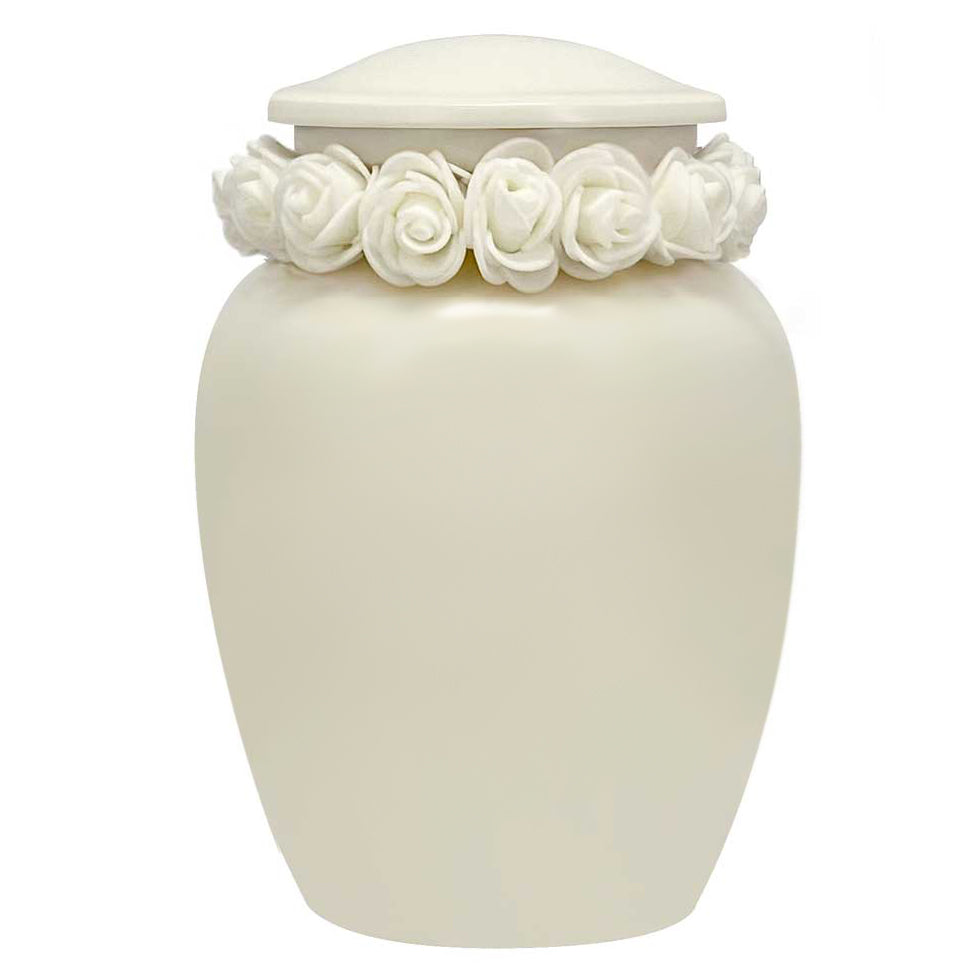 Ivory Child Wings Urn & White Tribute Wreath™ - Pro Sand Carved Engraving
