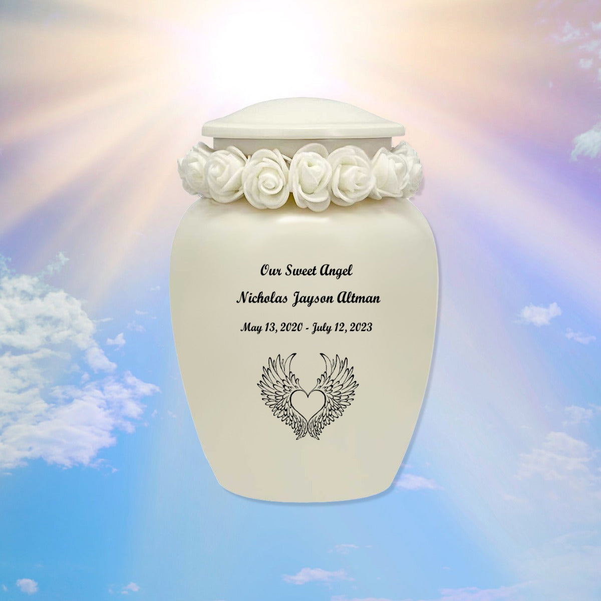 Ivory Child Wings Urn & White Tribute Wreath™ - Pro Sand Carved Engraving