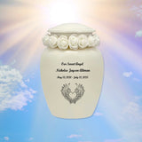 Ivory Child Wings Urn & White Tribute Wreath™ - Pro Sand Carved Engraving