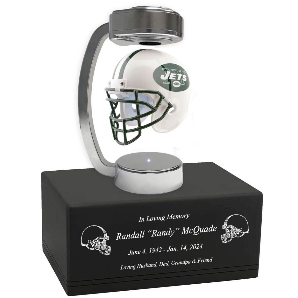 Football  Adult or Medium Cremation Urn & New York Jets Hover Helmet Décor - Free Engraving