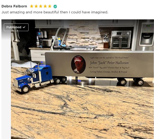 Trailer Cremation Urn & Kenworth W900 Blue Sleeper Truck Décor
