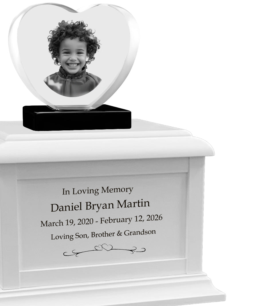 Memorial Heart Child 3D Crystal White Wood Urn Set