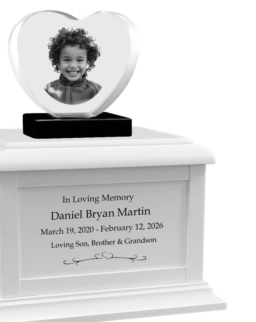 Memorial Heart Child 3D Crystal White Wood Urn Set