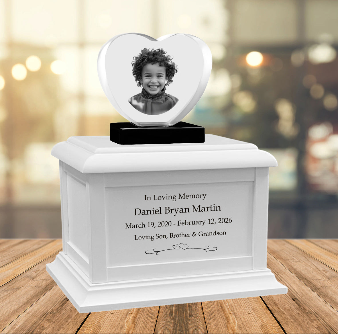 Memorial Heart Child 3D Crystal White Wood Urn Set