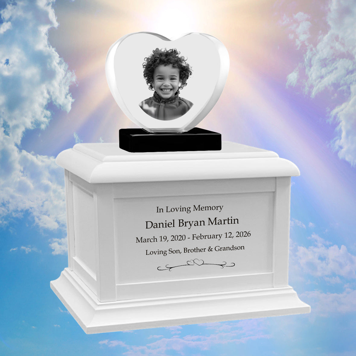 Memorial Heart Child 3D Crystal White Wood Urn Set