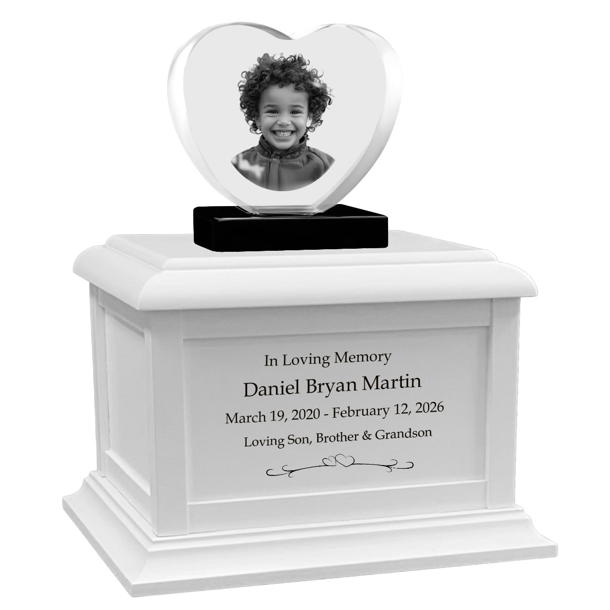 Memorial Heart Child 3D Crystal White Wood Urn Set