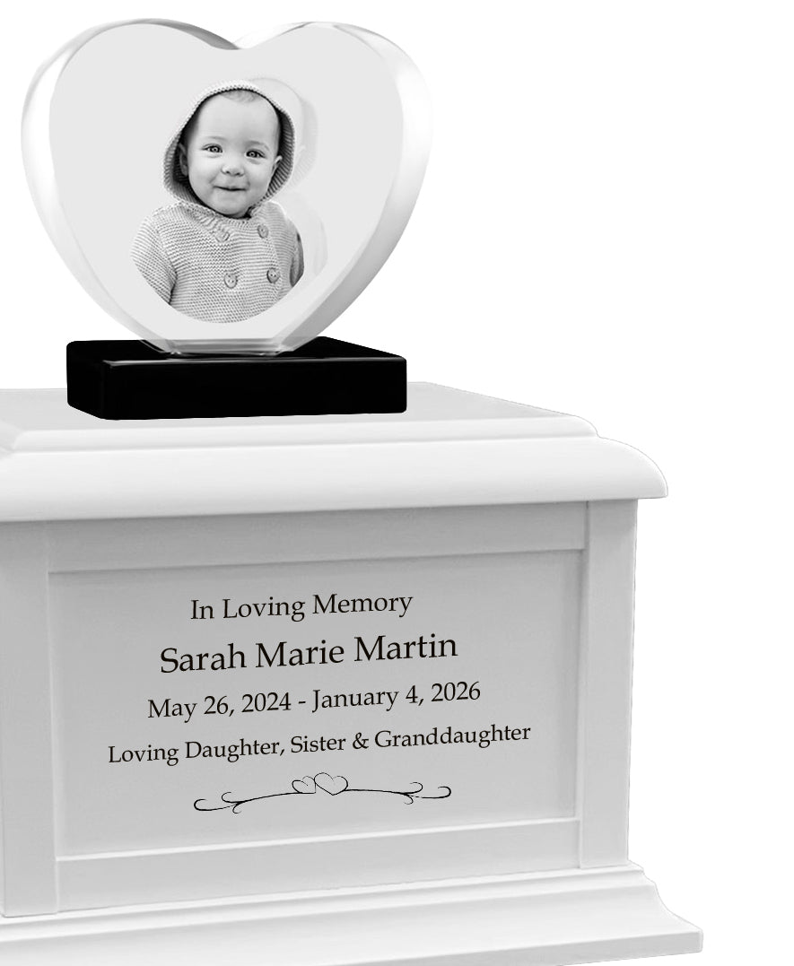 Memorial Heart Child 3D Crystal White Wood Urn Set