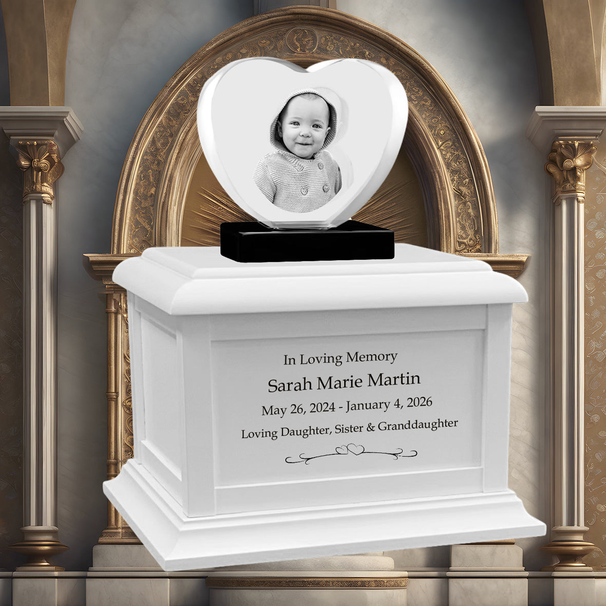 Memorial Heart Child 3D Crystal White Wood Urn Set