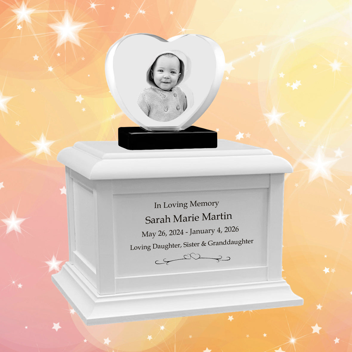 Memorial Heart Child 3D Crystal White Wood Urn Set