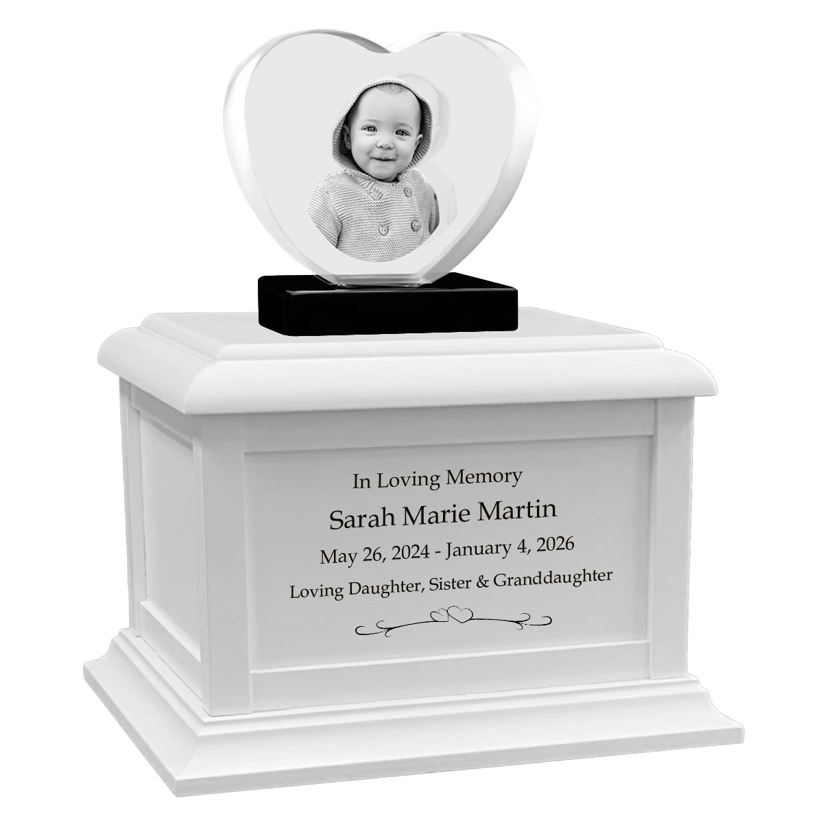 Memorial Heart Child 3D Crystal White Wood Urn Set