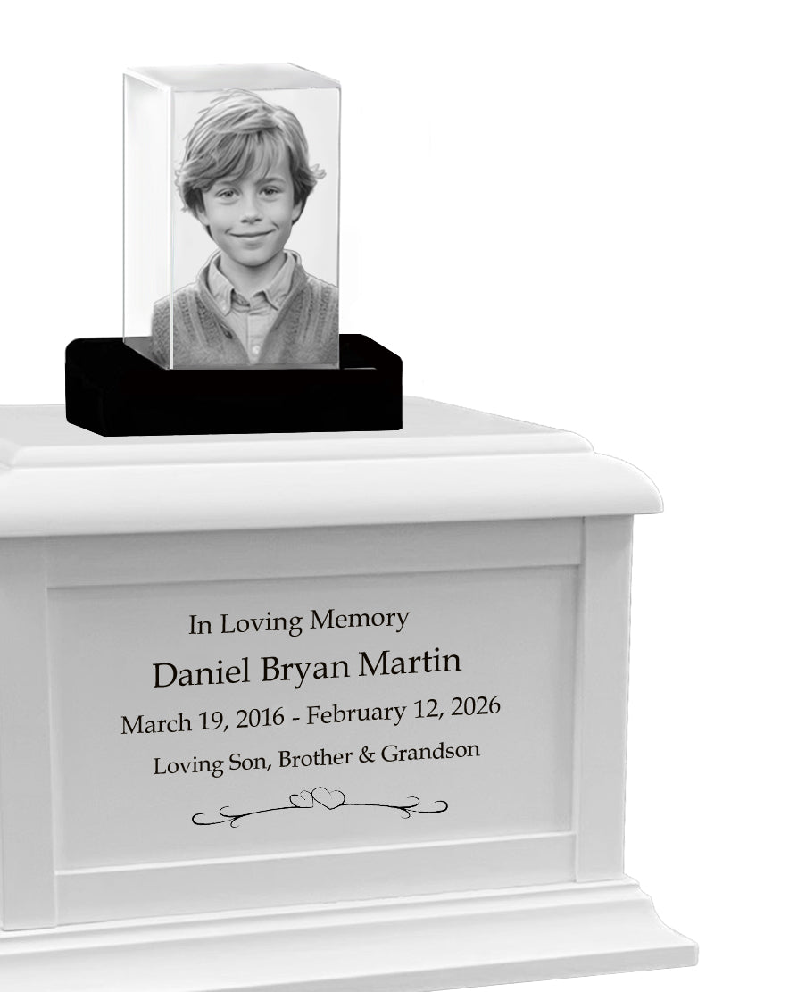 Memorial Rectangle Child 3D Crystal White Wood Urn Set