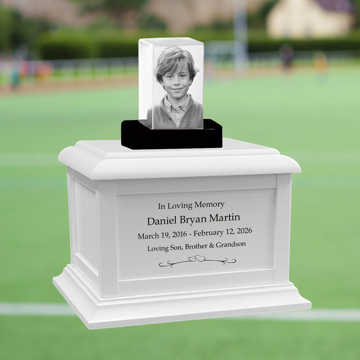 Memorial Rectangle Child 3D Crystal White Wood Urn Set