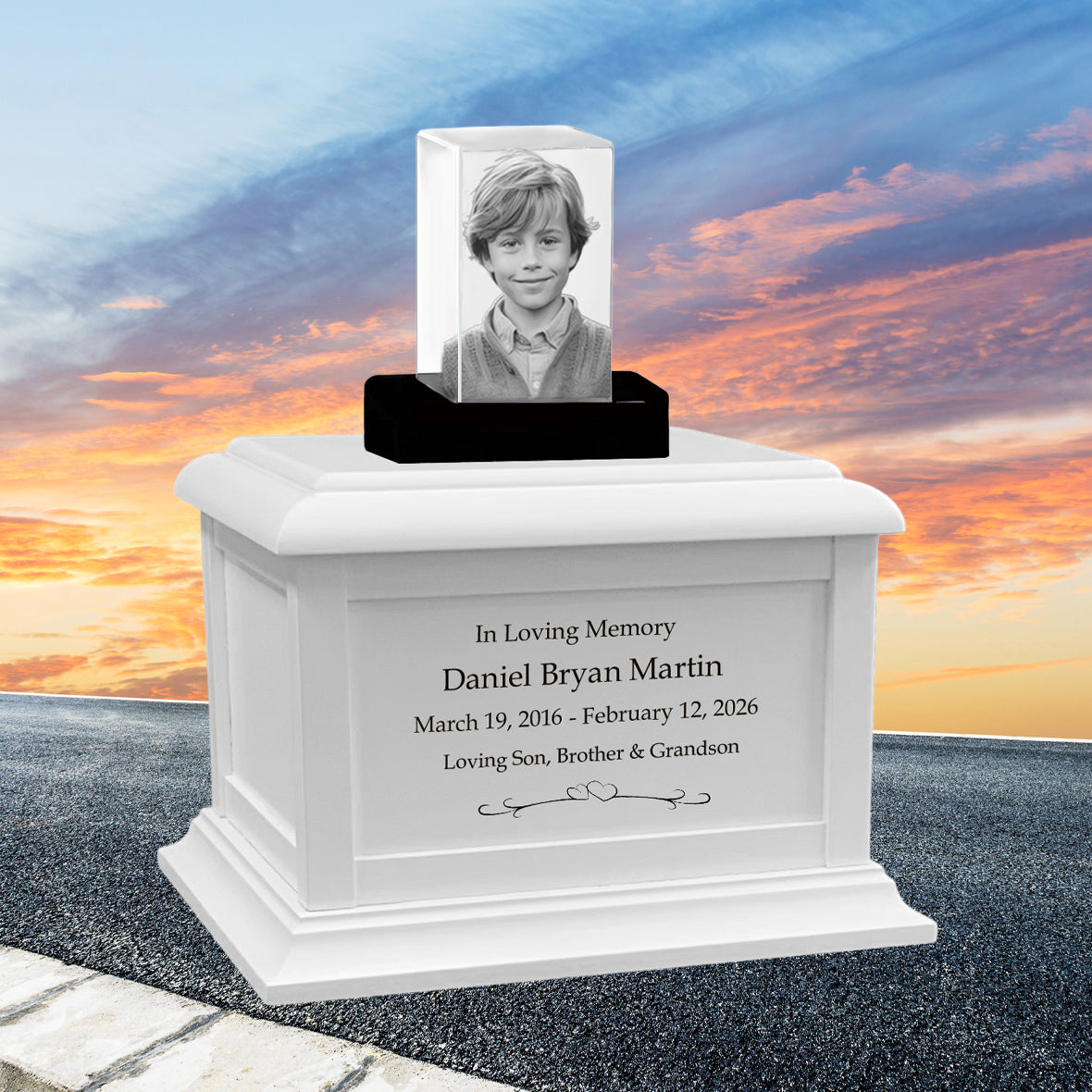 Memorial Rectangle Child 3D Crystal White Wood Urn Set