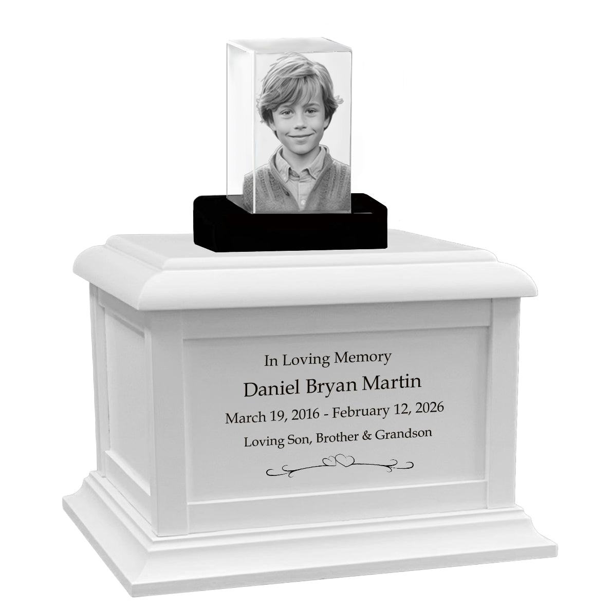 Memorial Rectangle Child 3D Crystal White Wood Urn Set