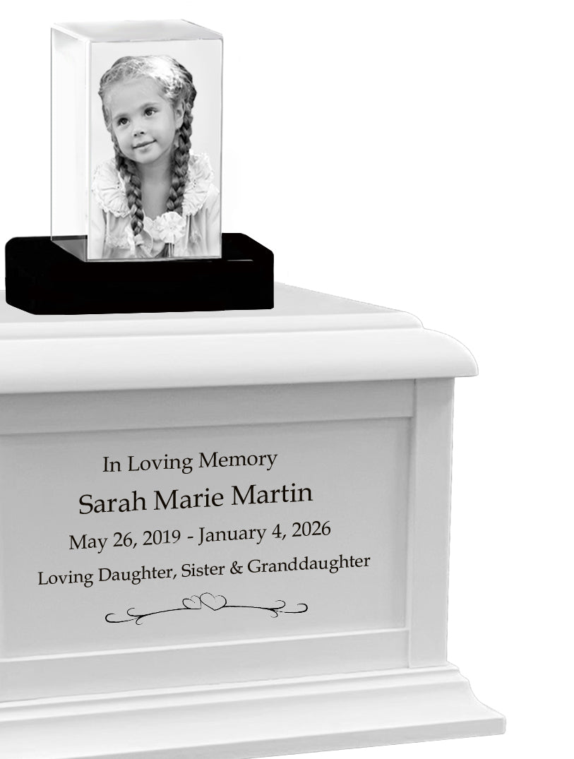 Memorial Rectangle Child 3D Crystal White Wood Urn Set