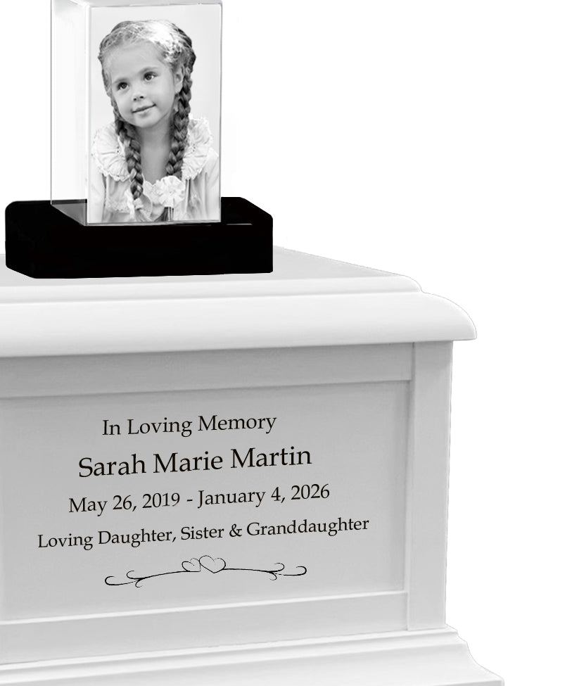 Memorial Rectangle Child 3D Crystal White Wood Urn Set