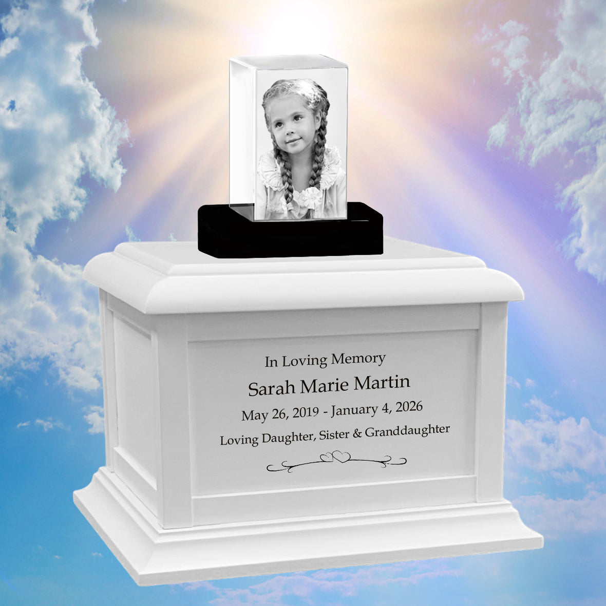 Memorial Rectangle Child 3D Crystal White Wood Urn Set