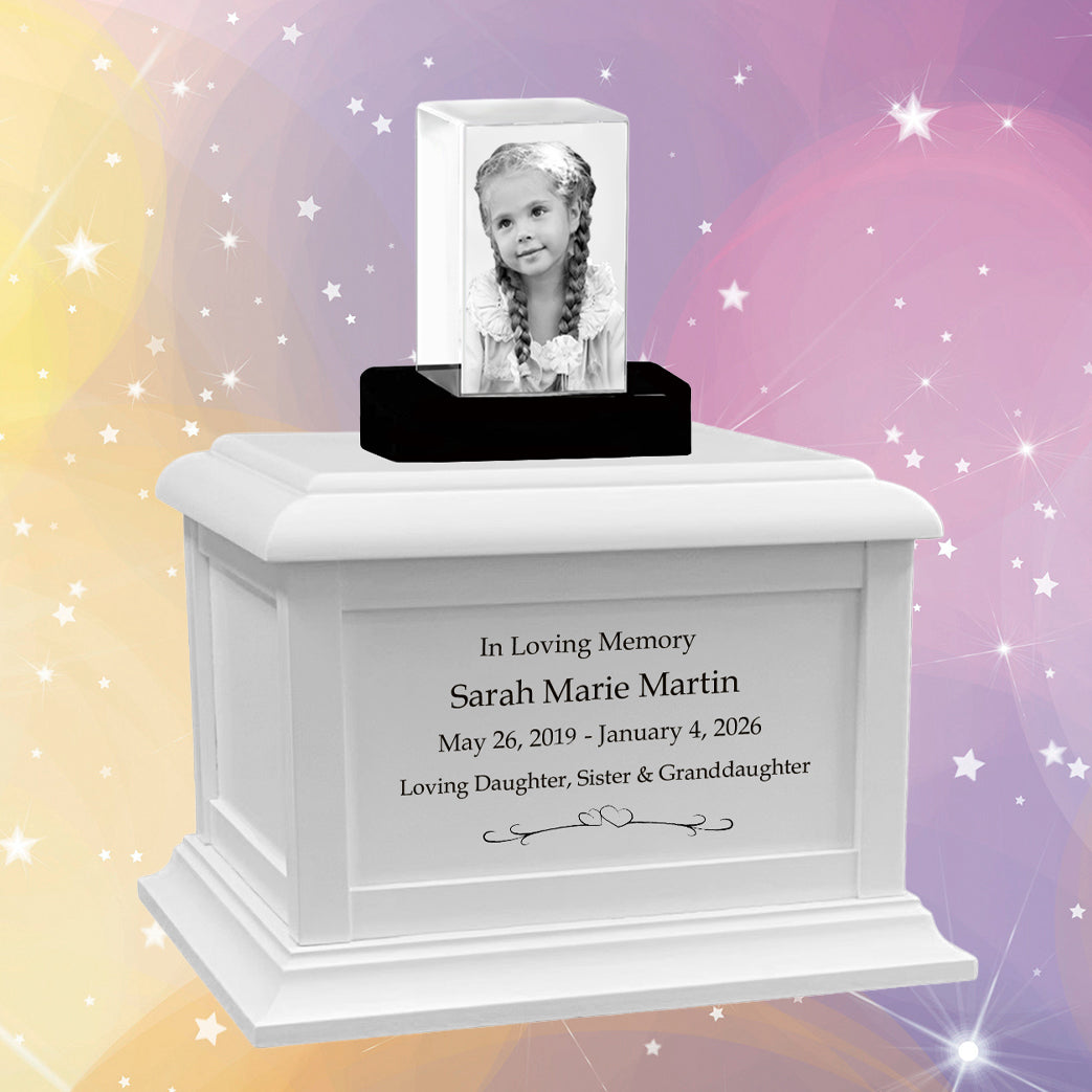 Memorial Rectangle Child 3D Crystal White Wood Urn Set