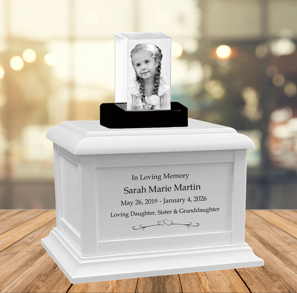 Memorial Rectangle Child 3D Crystal White Wood Urn Set