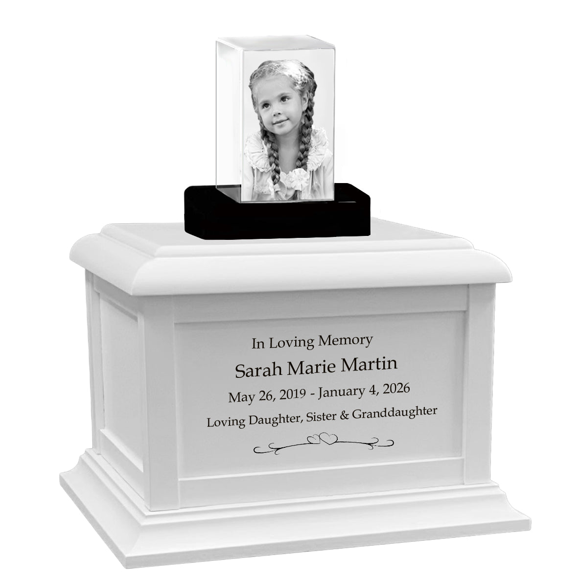 Memorial Rectangle Child 3D Crystal White Wood Urn Set