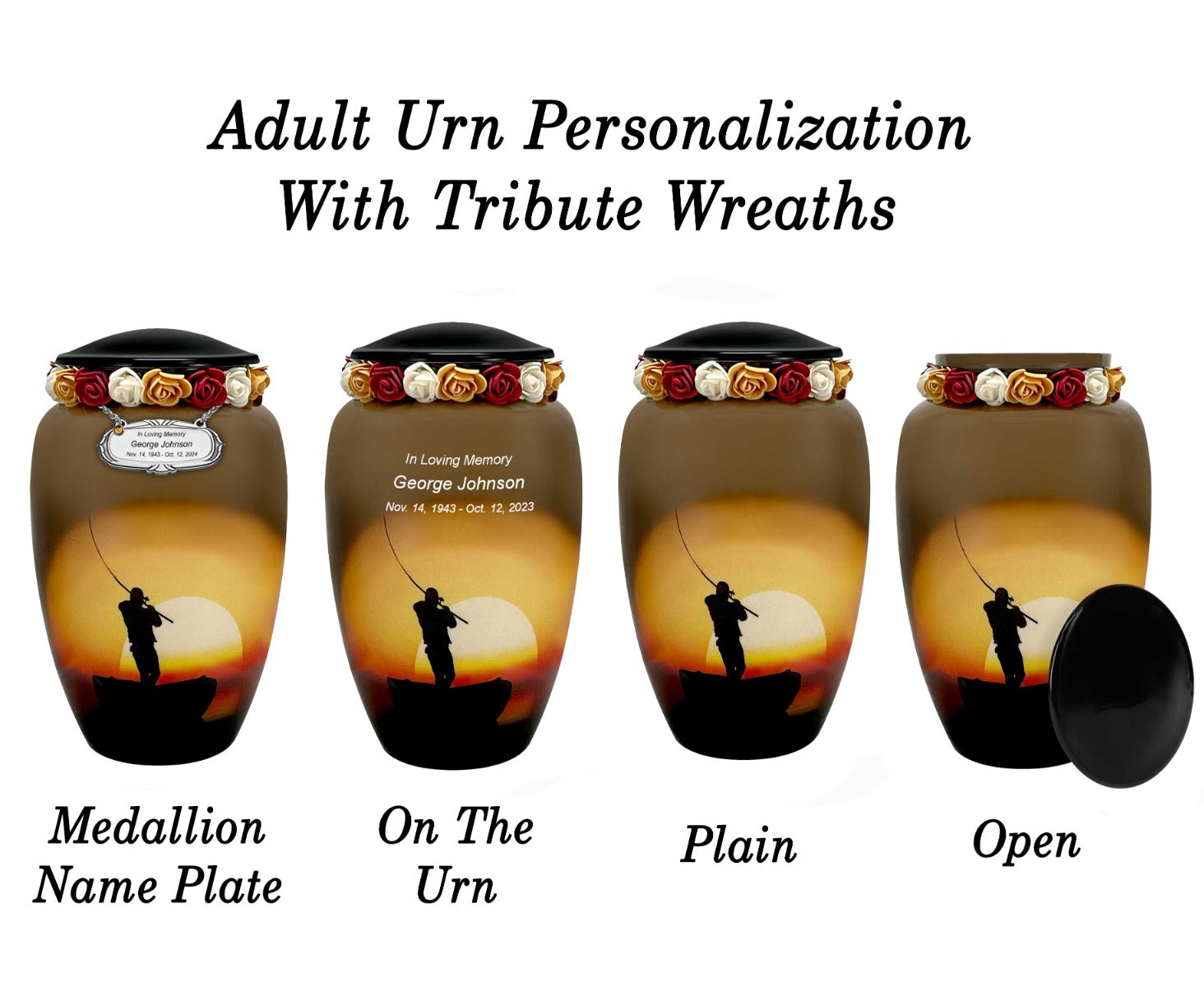 Lake Fishing Medium or Adult Cremation Urn - Tribute Wreath™ Option - Pro Personalization - Burial Vault Option